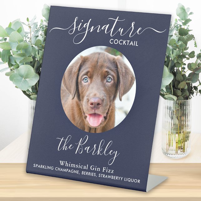 Pet Dog Wedding Signature Cocktail Photo Navy Blue Pedestal Sign (Creator Uploaded)