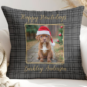 Pet Dog Winter Grey Plaid Custom Gold Modern Photo Cushion