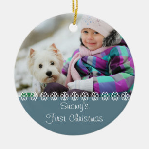 Pet Dogs First Christmas w. Your Own Photo - Blue Ceramic Ornament
