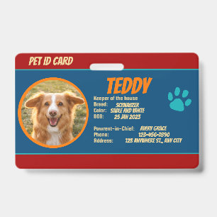 Pet Emergency Contact Photo ID Card Badge