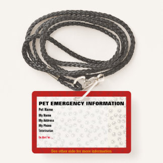 Pet Emergency Information Card Badge ID Badge