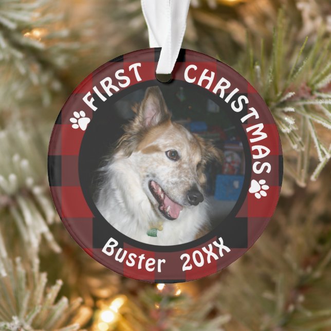 Pet FIRST CHRISTMAS 2-Photo Red & Black Plaid Ornament (Tree)