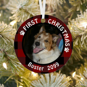 Pet FIRST CHRISTMAS 2-Sided 2-Photo Buffalo Check Metal Tree Decoration