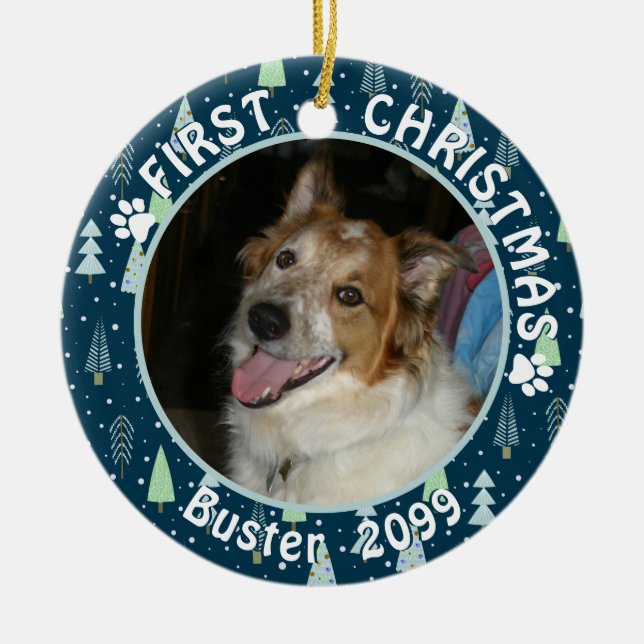 Pet FIRST CHRISTMAS Blue Green Trees Ceramic Ornament (Front)