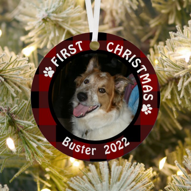 Pet FIRST CHRISTMAS Buffalo Plaid 2 Photo Name Metal Tree Decoration (Insitu)