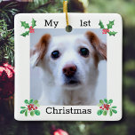 Pet First Christmas Photo Ceramic Ornament<br><div class="desc">Celebrate a 1st Christmas with this cute photo ornament decorated with watercolor festive foliage and berries.
Easily customizable with your pet’s photo.</div>