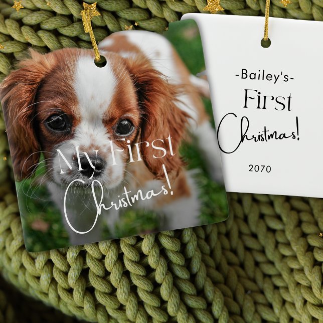 Pet First Christmas Photo Minimalist Calligraphy  Ceramic Ornament (Creator Uploaded)
