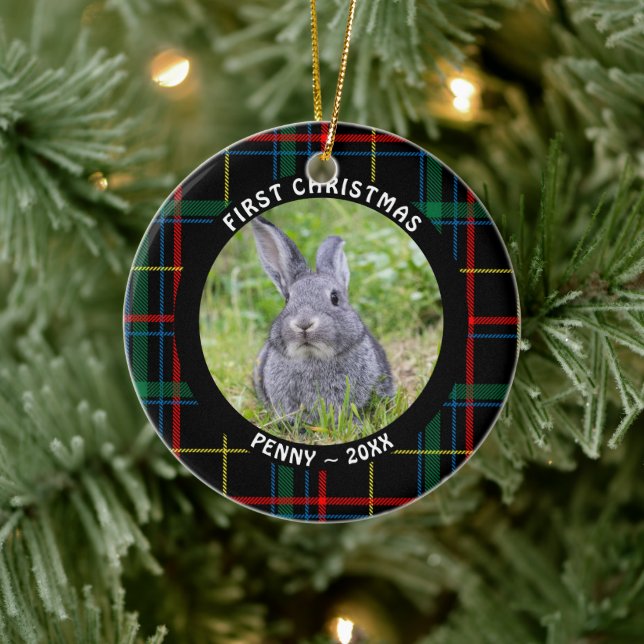 Pet FIRST CHRISTMAS Photo Plaid Personalized Ceramic Ornament (Tree)