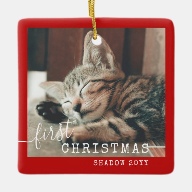 Pet First Christmas Photo Red Rustic  Ceramic Ornament (Front)