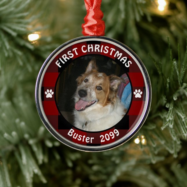 Pet FIRST CHRISTMAS Rustic Red Black Plaid Photo Metal Ornament (Tree)