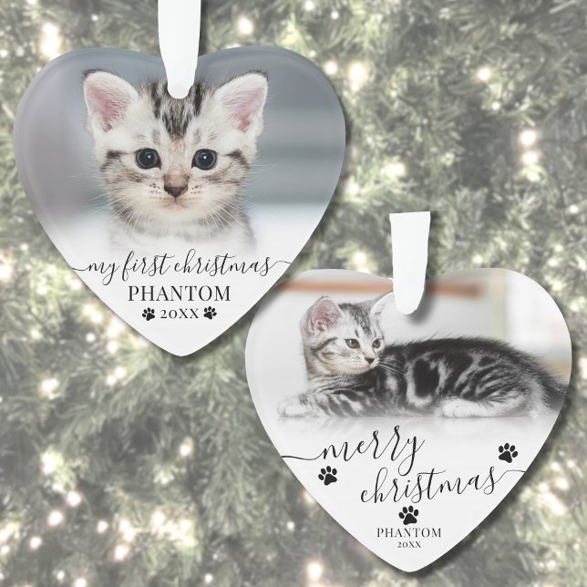 Pet First Christmas Script Cat Photo Heart Ornament (Pet First Christmas Script Cat Photo Heart Ornament )
