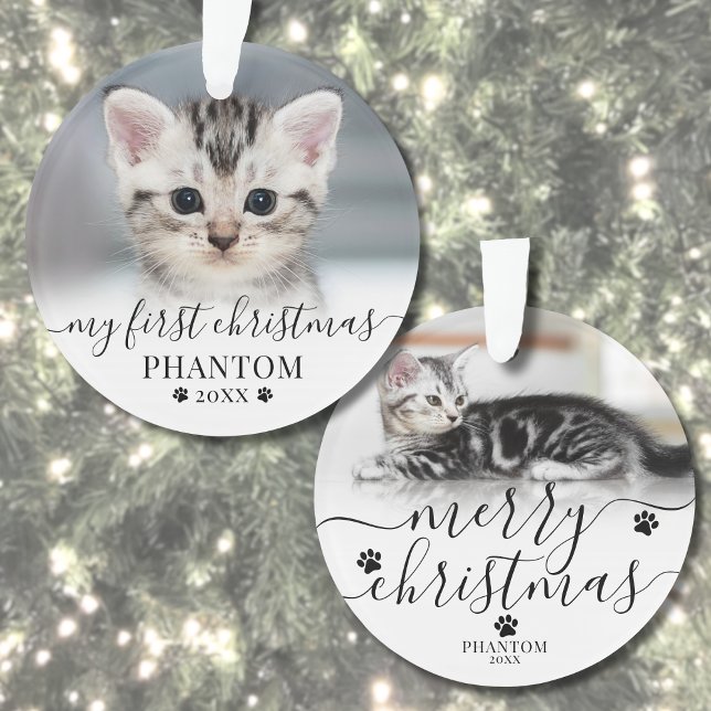 Pet First Christmas Script Cat Photo Ornament (Pet First Christmas Script Cat Photo Ornament)