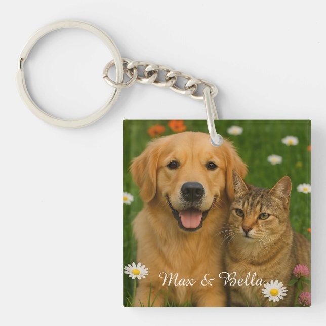 Pet Friends Dog Dad Cat Mum Floral Photo Gifts     Key Ring (Front)