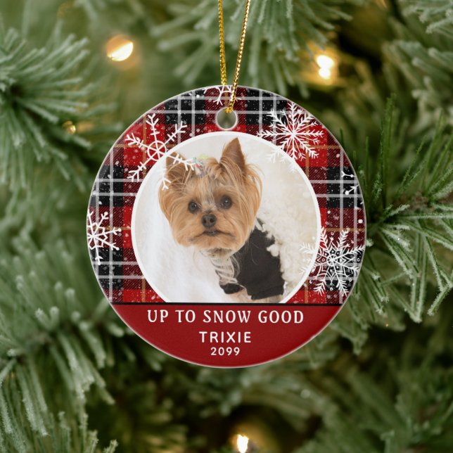 Pet Funny UP TO SNOW GOOD Red Plaid Snowflake Ceramic Ornament (Tree)