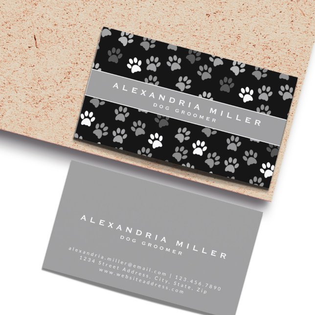 Pet Groomer | Black White & Grey Paw Prints Business Card (Creator Uploaded)