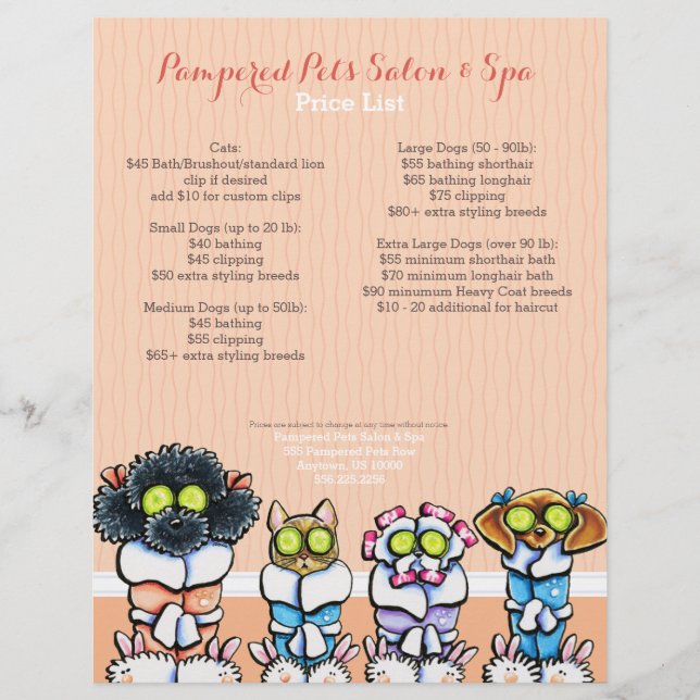 Pet Groomer Spa Dogs Cat Robes Peach Price Sheet (Front)