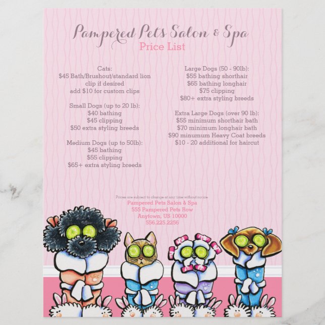 Pet Groomer Spa Dogs Cat Robes Pink Price Sheet (Front)