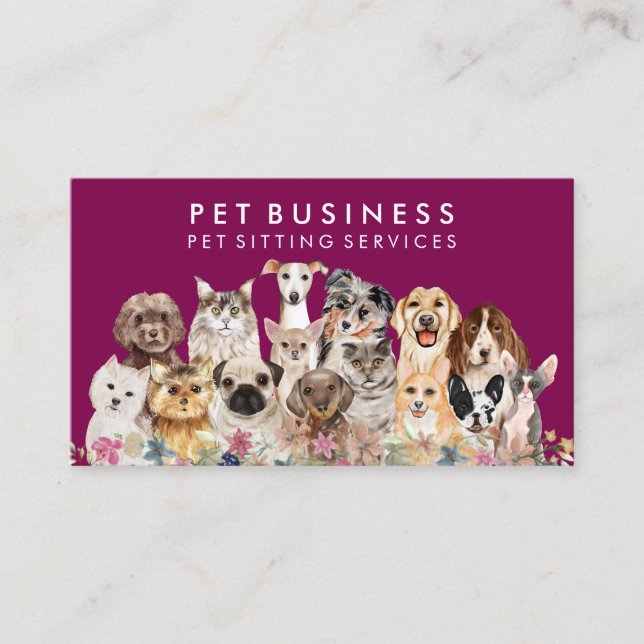 Pet Groomer Spa Dogs Cats purple pink Floral Business Card (Front)