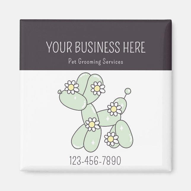 Pet grooming balloon dog business card magnet (Front)
