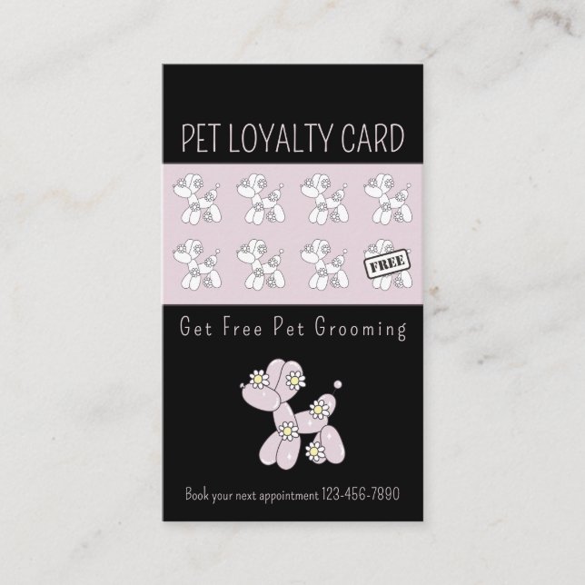 Pet grooming balloon dog pink loyalty business card (Front)