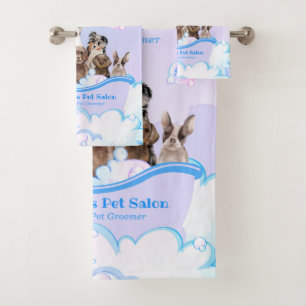 Pet Grooming Business Dogs Blue Bathing Spa Bath Towel Set