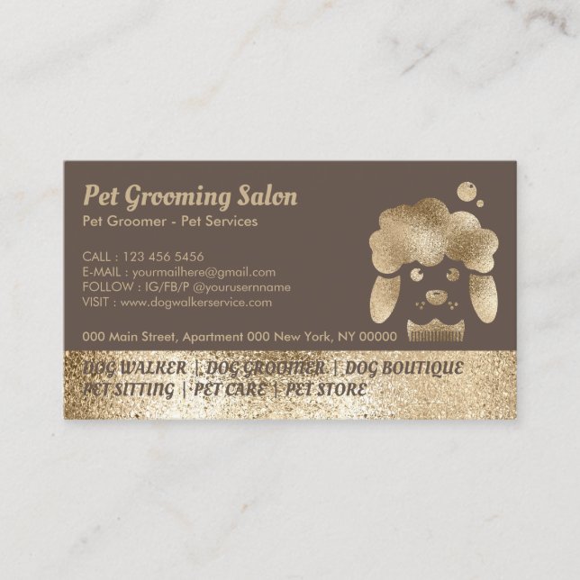 Pet Grooming Salon Gold Sparkle brown Business Card (Front)