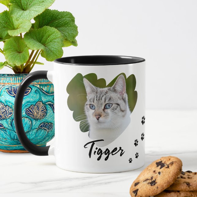 Pet Heart Shape Photo Paw Prints Mug (Custom Pet Photo Name Paw Prints Coffee Mug)