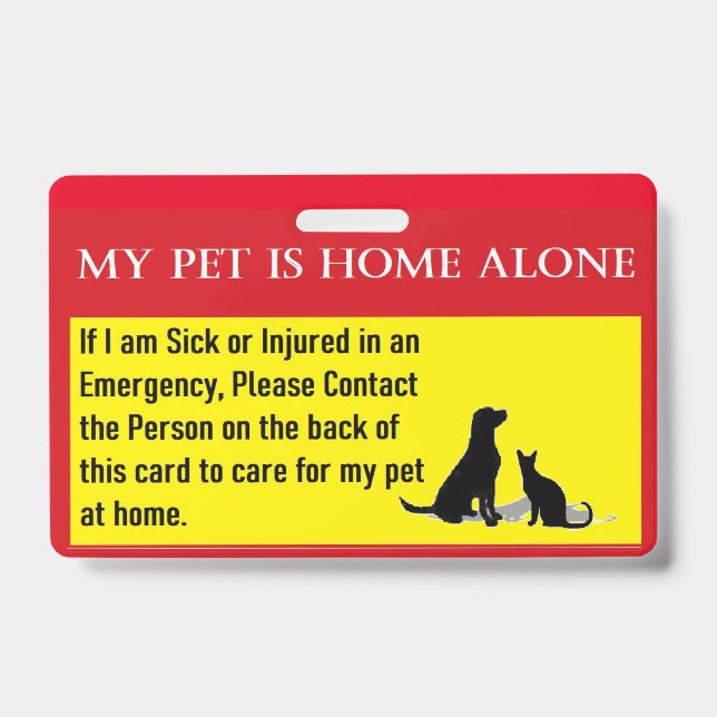 Pet home alone emergency card ID badge (Front)