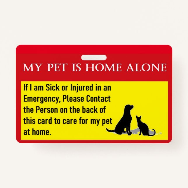 Pet home alone emergency card ID badge (Front)