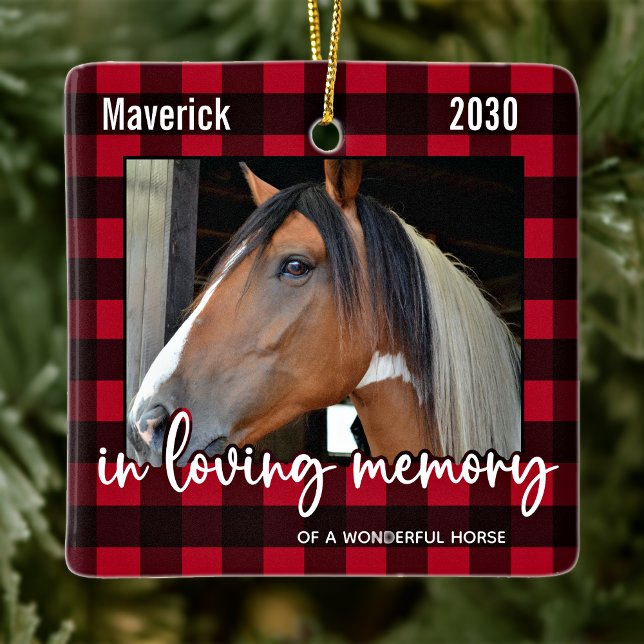 Pet Horse Memorial Red Plaid Loving Memory Photo Ceramic Ornament (Creator Uploaded)