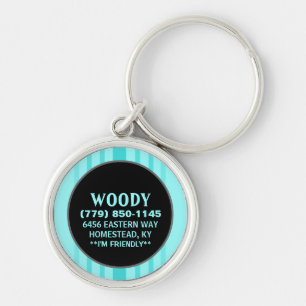 Pet ID Tag - Aqua Blue Vertical Stripes Key Ring
