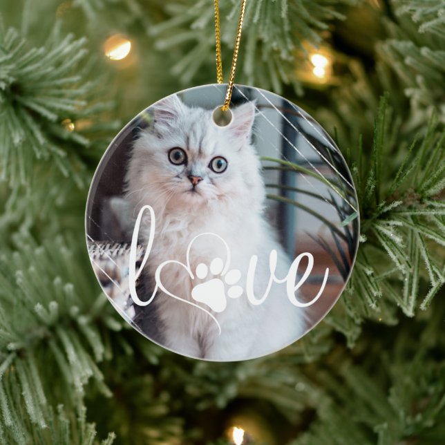 Pet Life Love | Paw Print Heart Script Quote Photo Ceramic Ornament (Tree)
