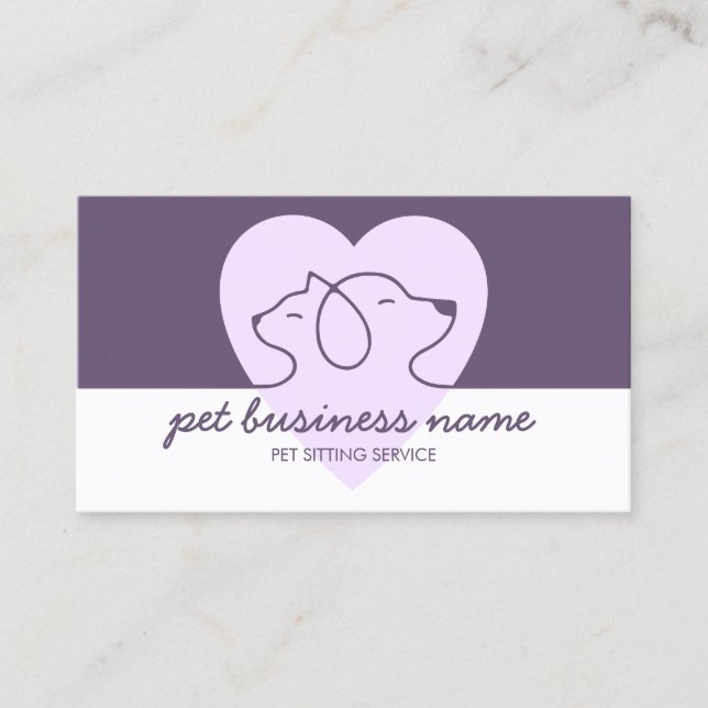 Pet Logo Dog Cat Heart purple Business Card (Front)