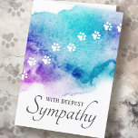 Pet loss paw prints watercolor sympathy card<br><div class="desc">Sympathy thank you card featuring a white paw prints on a purple and aqua watercolor splash and the text "With deepest sympathy" on the front. Custom text inside: "I am so sorry to hear of the loss of your best friend and companion. May your heart find peace and comfort in...</div>