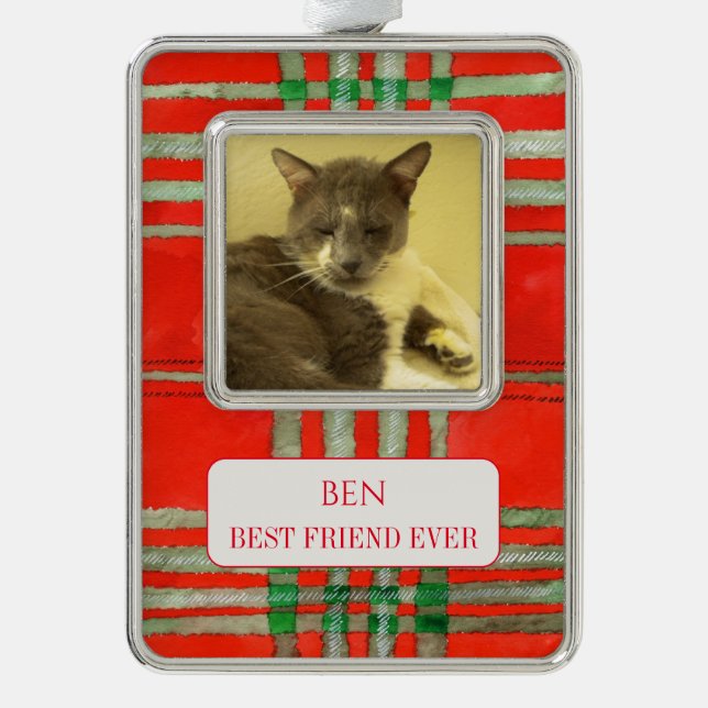 PET LOVE Framed Vert Ornament + Text RedScottPlaid (Front)