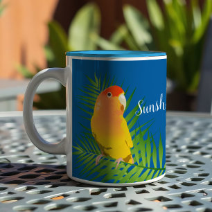 Pet Lovebird Parrot Yellow Lutino Leaves Blue Name Two-Tone Coffee Mug