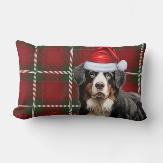 Pet Lover Christmas Bernese Mountain Dog Plaid Lumbar Cushion (Front)