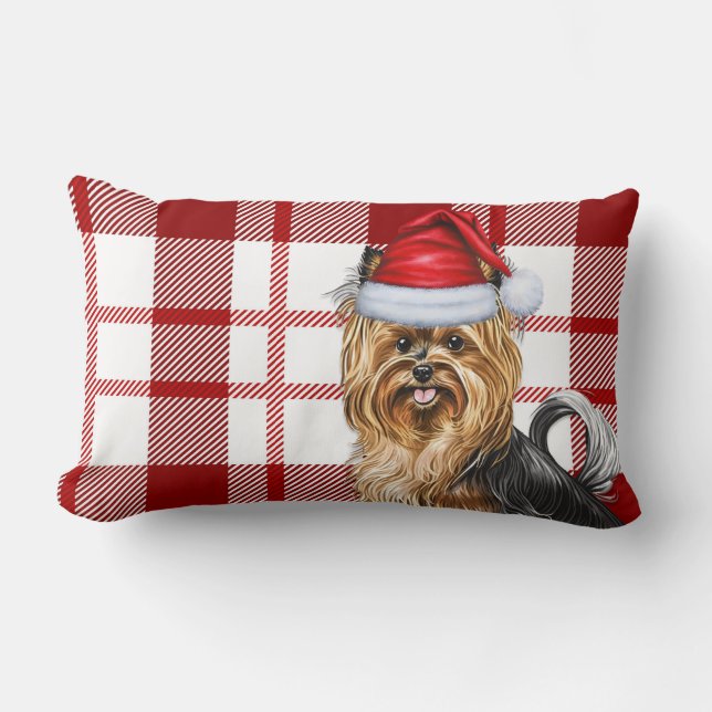 Pet Lover Christmas Biewer Terrier Dog Red Plaid Lumbar Cushion (Front)