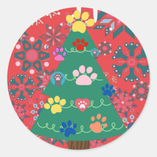 Pet lover Christmas Tree with Paws Ornaments Red Classic Round Sticker