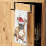 Pet Lover Holiday French Bulldog Santa Christmas Tea Towel<br><div class="desc">Here's a fun holiday kitchen towel or year-around hand towel. An adorable watercolor illustration of a cute French Bulldog Santa dog who sits with a fun 'woof' word art background. The dog wears a Santa hat.</div>