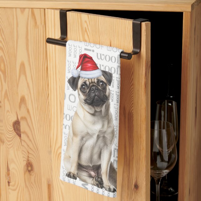 Pet Lover Holiday Pug Santa Dog Christmas Tea Towel (Thirds Fold)