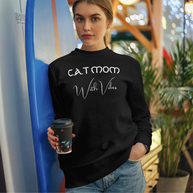 Pet Lover White Script Cat Mom Personalized Black Sweatshirt (Creator Uploaded)
