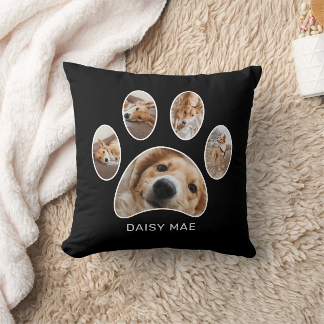Pet Lovers Cute Paw Print Name Photo Collage Cushion (Blanket)