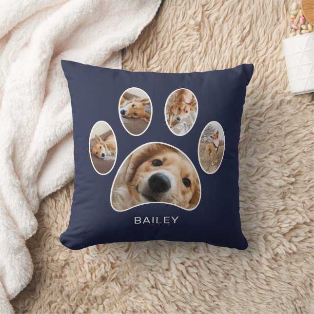 Pet Lovers Cute Paw Print Name Photo Collage Navy Cushion (Blanket)