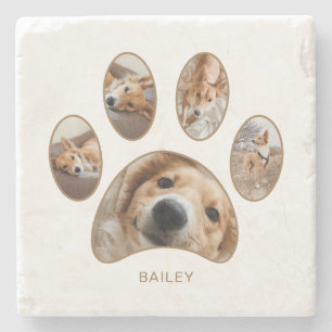 Pet Lovers Gold Paw Print Name Photo Collage Stone Coaster