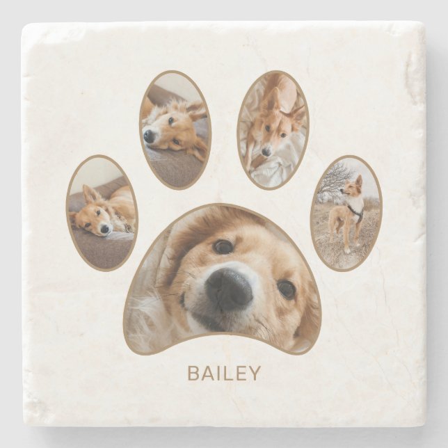 Pet Lovers Gold Paw Print Name Photo Collage Stone Coaster (Front)