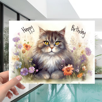 Pet Lovers Kitty Cat in Colourful Flowers Birthday Card