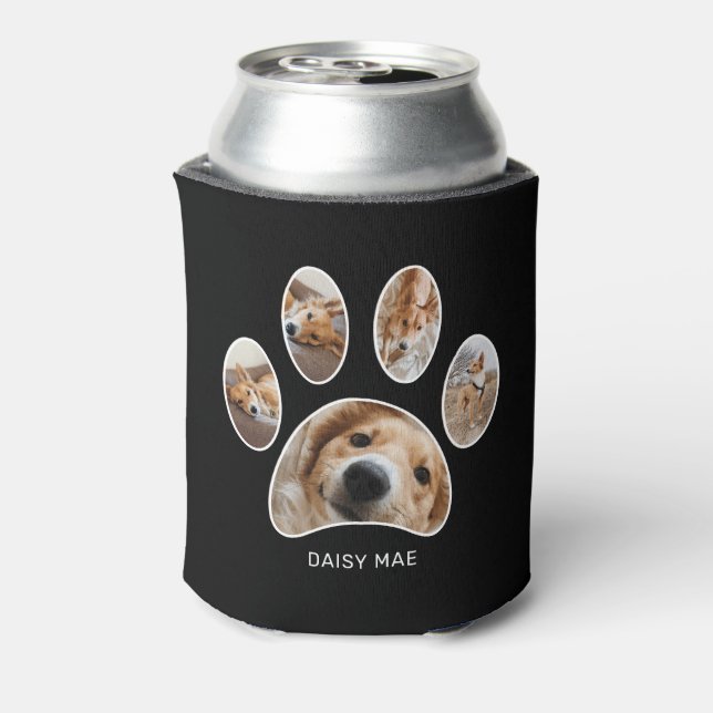 Pet Lovers Paw Print Name Photo Collage Black Can Cooler (Can Back)
