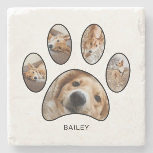 Pet Lovers Paw Print Photo Collage Personalised Stone Coaster
