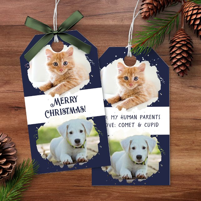 Pet Lovers Personalised Two Photos Blue Christmas Gift Tags (Pet Lovers Personalized Two Photos Blue Christmas Gift Tags)